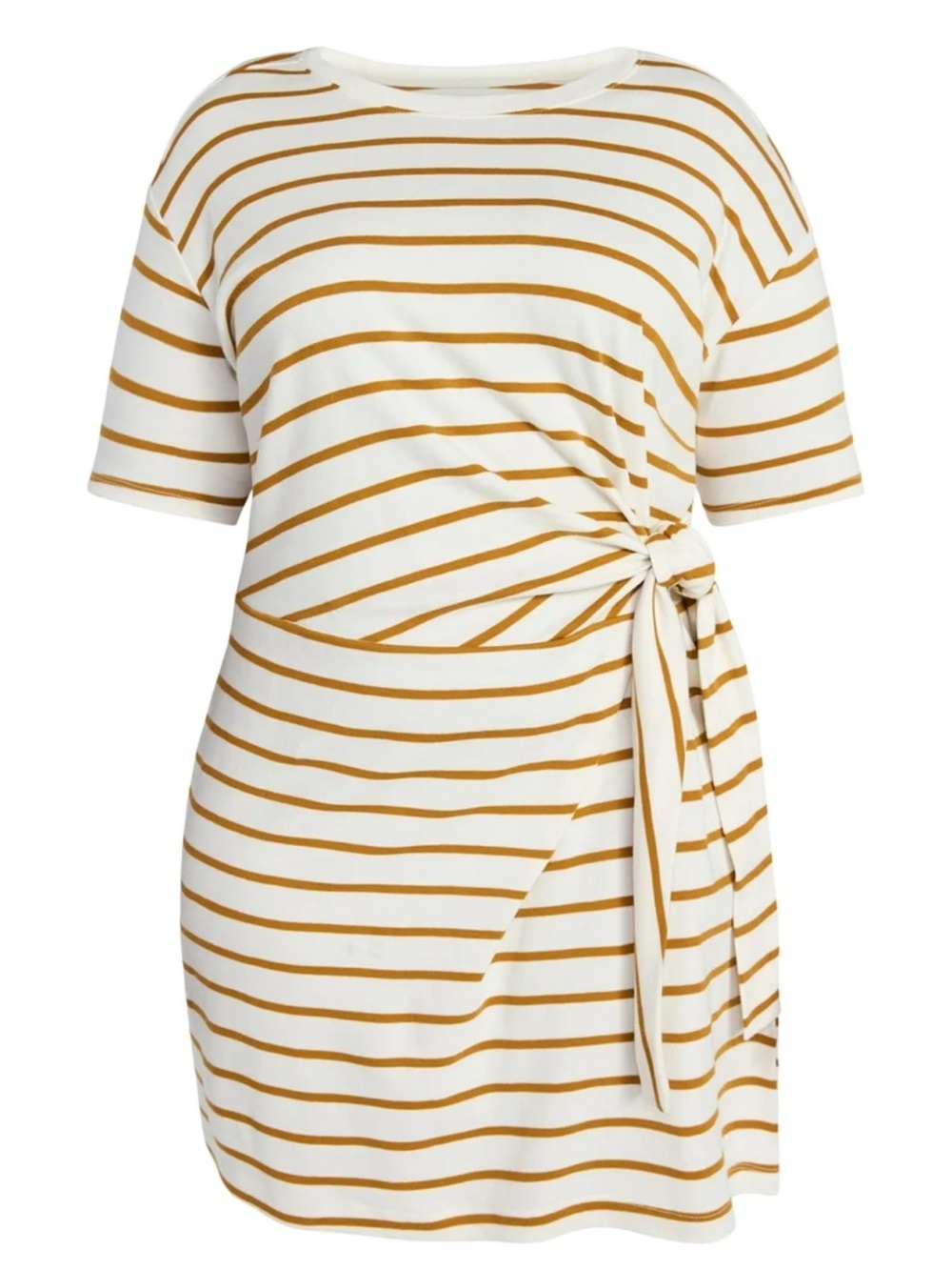 Striped Tie-Waist Tee Dress in White and Mustard